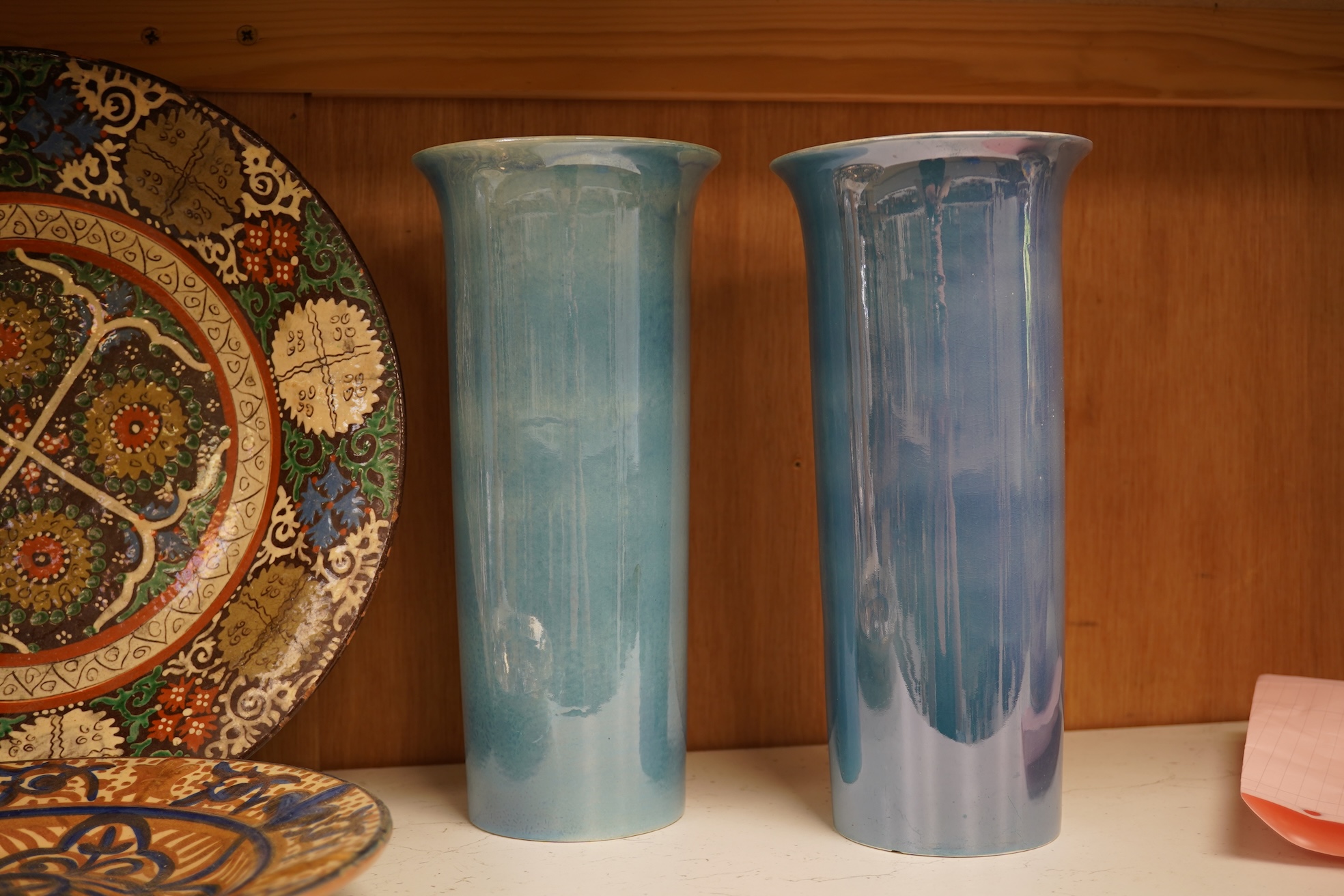 A quantity of 19th century and later plates, comports, vases etc. Tallest a pair of lustre Carltonware vases 26cm high